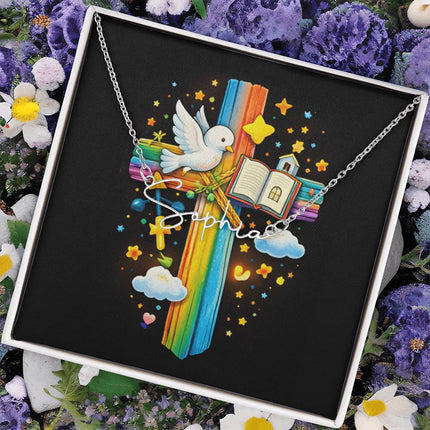 Rainbow Cross Open Bible | Christian Signature Name Necklace | Gift for Kids