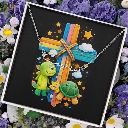 Rainbow Cross Turtle | Christian Signature Name Necklace | Gift for Kids