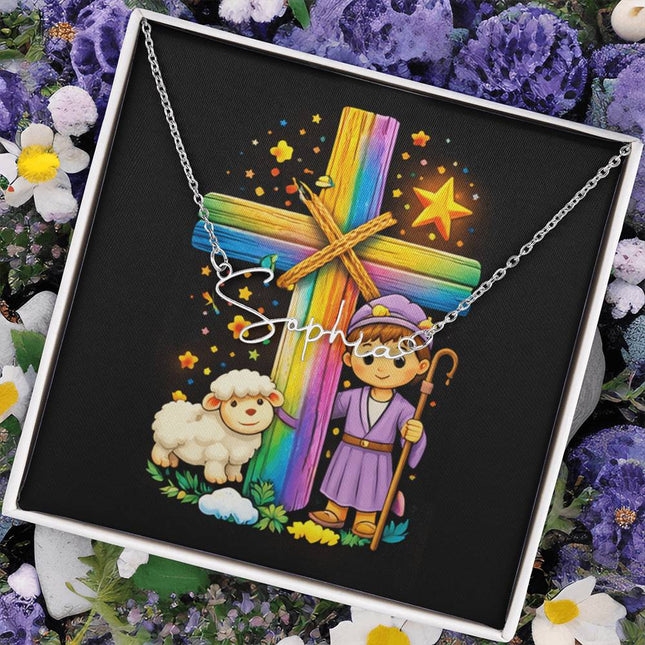 Rainbow Cross Little Shepherd | Christian Signature Name Necklace | Gift for Kids