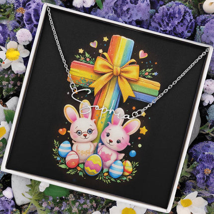 Rainbow Cross Bunnies | Christian Signature Name Necklace | Gift for Kids
