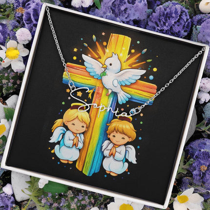 Rainbow Cross Angels And Dove | Christian Signature Name Necklace | Gift for Kids