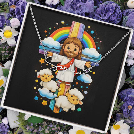 Rainbow Cross Jesus And Lamb | Christian Signature Name Necklace | Gift for Kids