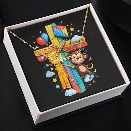 Rainbow Cross Jungle Animals | Christian Signature Name Necklace | Gift for Kids