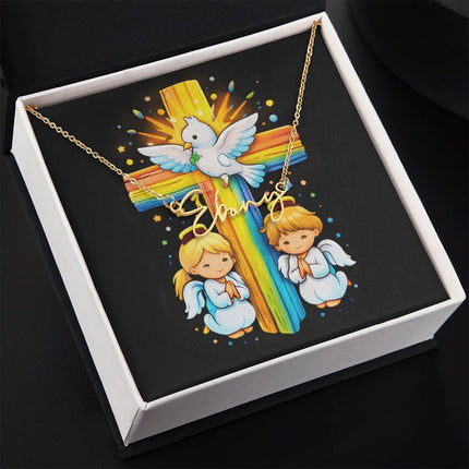 Rainbow Cross Angels And Dove | Christian Signature Name Necklace | Gift for Kids