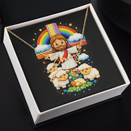 Jesus And Little Lambs | Christian Signature Name Necklace | Gift for Kids