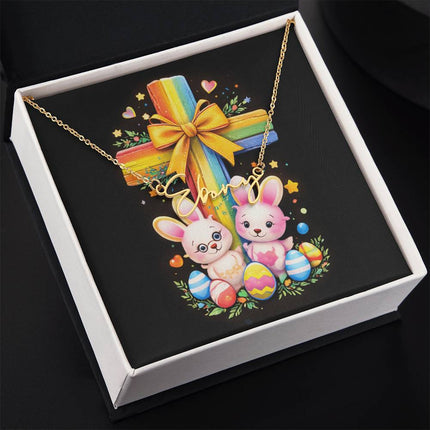 Rainbow Cross Bunnies | Christian Signature Name Necklace | Gift for Kids