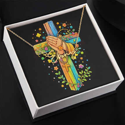 Rainbow Cross Praying Hands | Christian Signature Name Necklace | Gift for Kids