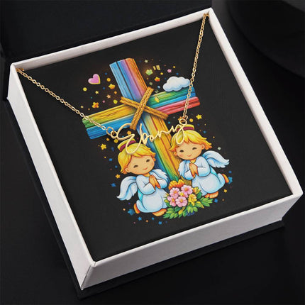 Rainbow Cross Angel Twins | Christian Signature Name Necklace | Gift for Kids