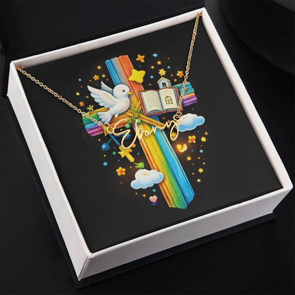 Rainbow Cross Open Bible | Christian Signature Name Necklace | Gift for Kids