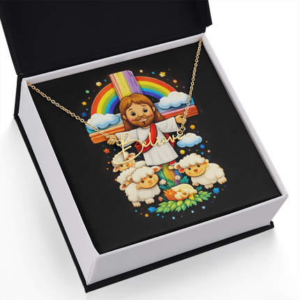 Jesus And Little Lambs | Christian Signature Name Necklace | Gift for Kids