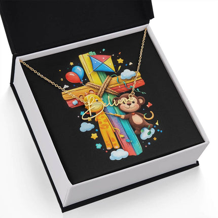 Rainbow Cross Jungle Animals | Christian Signature Name Necklace | Gift for Kids