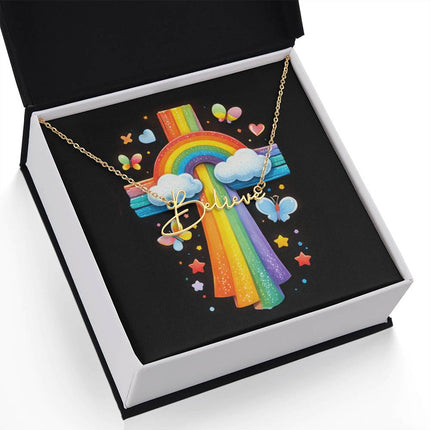 Rainbow Cross Butterfly | Christian Signature Name Necklace | Gift for Kids