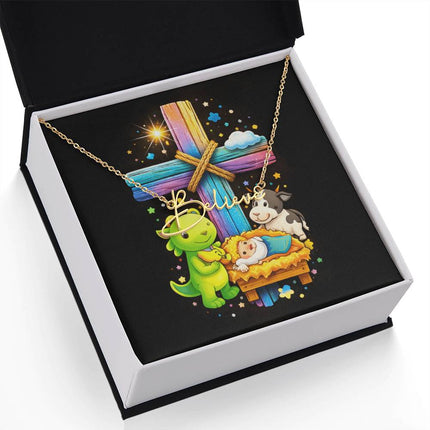 Rainbow Cross Frog And Cow | Christian Signature Name Necklace | Gift for Kids