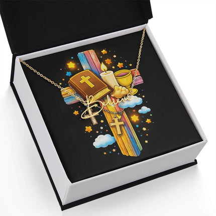 Rainbow Cross Bible And Cross | Christian Signature Name Necklace | Gift for Kids
