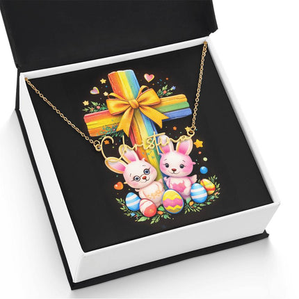 Rainbow Cross Bunnies | Christian Signature Name Necklace | Gift for Kids