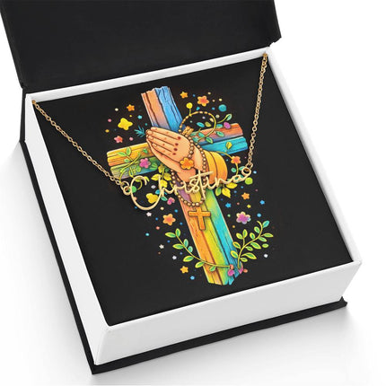 Rainbow Cross Praying Hands | Christian Signature Name Necklace | Gift for Kids