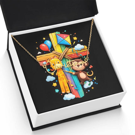 Rainbow Cross Jungle Animals | Christian Signature Name Necklace | Gift for Kids