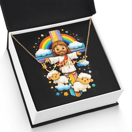 Rainbow Cross Jesus And Lamb | Christian Signature Name Necklace | Gift for Kids