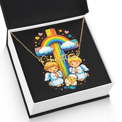 Rainbow Cross Cherub Angels | Christian Signature Name Necklace | Gift for Kids