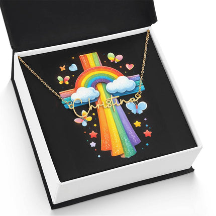 Rainbow Cross Butterfly | Christian Signature Name Necklace | Gift for Kids