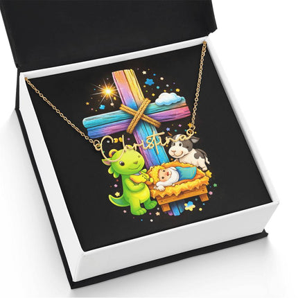 Rainbow Cross Frog And Cow | Christian Signature Name Necklace | Gift for Kids