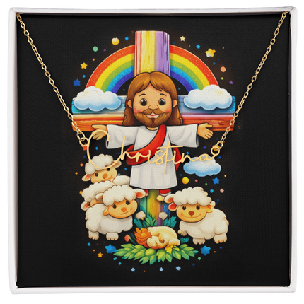 Jesus And Little Lambs | Christian Signature Name Necklace | Gift for Kids