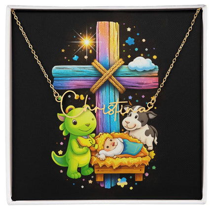 Rainbow Cross Frog And Cow | Christian Signature Name Necklace | Gift for Kids