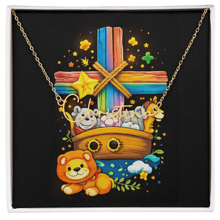Rainbow Cross Noahs Ark | Christian Signature Name Necklace | Gift for Kids