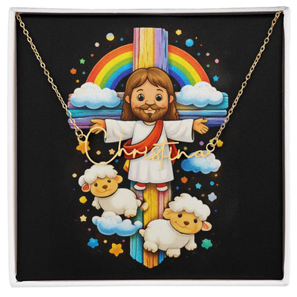 Rainbow Cross Jesus And Lamb | Christian Signature Name Necklace | Gift for Kids