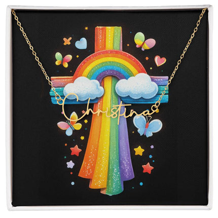 Rainbow Cross Butterfly | Christian Signature Name Necklace | Gift for Kids