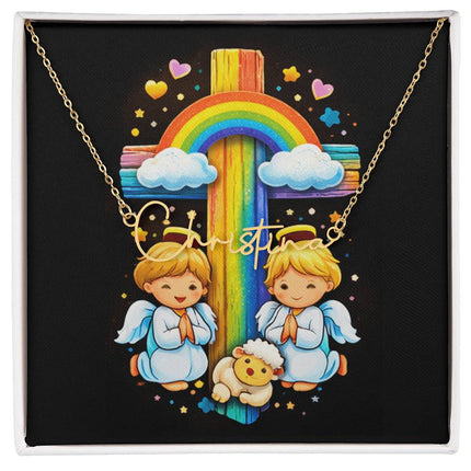 Rainbow Cross Cherub Angels | Christian Signature Name Necklace | Gift for Kids
