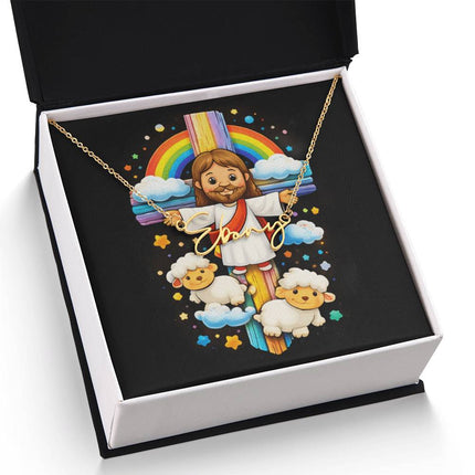 Rainbow Cross Jesus And Lamb | Christian Signature Name Necklace | Gift for Kids