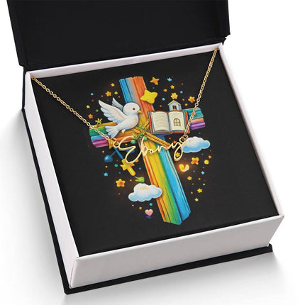 Rainbow Cross Open Bible | Christian Signature Name Necklace | Gift for Kids