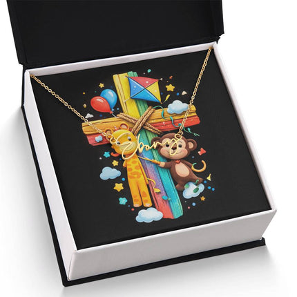 Rainbow Cross Jungle Animals | Christian Signature Name Necklace | Gift for Kids
