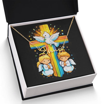 Rainbow Cross Angels And Dove | Christian Signature Name Necklace | Gift for Kids