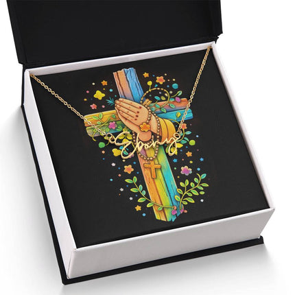 Rainbow Cross Praying Hands | Christian Signature Name Necklace | Gift for Kids