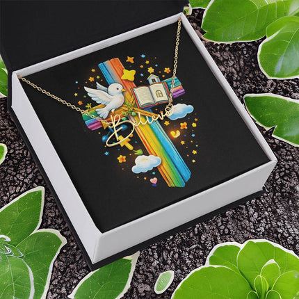 Rainbow Cross Open Bible | Christian Signature Name Necklace | Gift for Kids