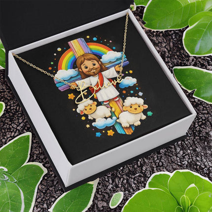 Rainbow Cross Jesus And Lamb | Christian Signature Name Necklace | Gift for Kids