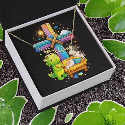 Rainbow Cross Frog And Cow | Christian Signature Name Necklace | Gift for Kids