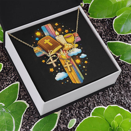 Rainbow Cross Bible And Cross | Christian Signature Name Necklace | Gift for Kids