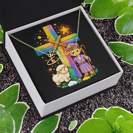 Rainbow Cross Little Shepherd | Christian Signature Name Necklace | Gift for Kids