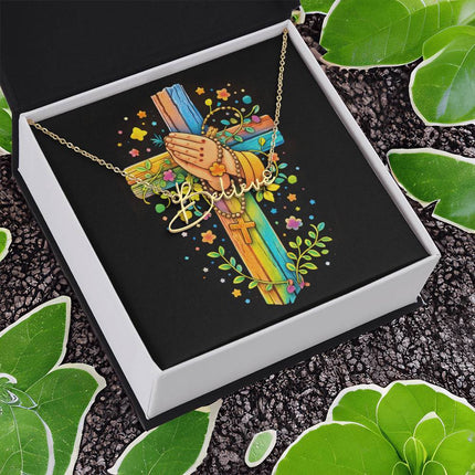 Rainbow Cross Praying Hands | Christian Signature Name Necklace | Gift for Kids