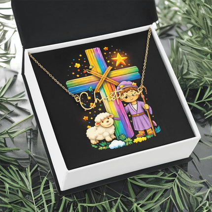 Rainbow Cross Little Shepherd | Christian Signature Name Necklace | Gift for Kids