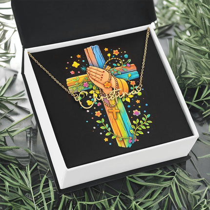 Rainbow Cross Praying Hands | Christian Signature Name Necklace | Gift for Kids