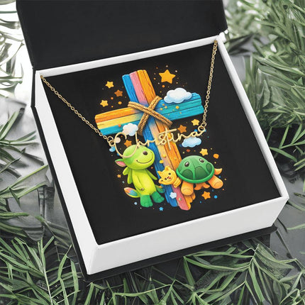Rainbow Cross Turtle | Christian Signature Name Necklace | Gift for Kids