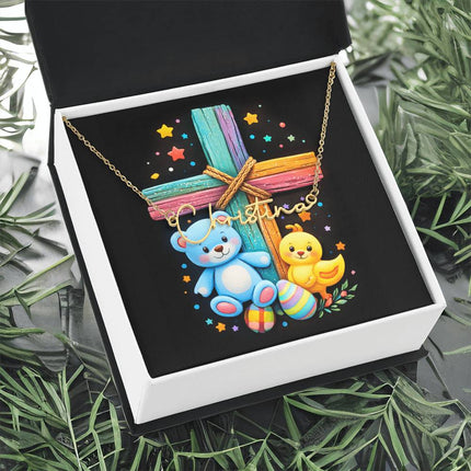 Rainbow Cross Teddy Bear | Christian Signature Name Necklace | Gift for Kids