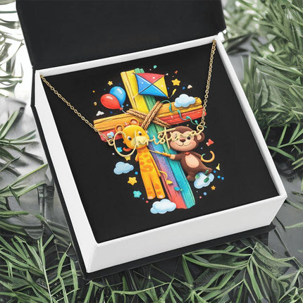 Rainbow Cross Jungle Animals | Christian Signature Name Necklace | Gift for Kids