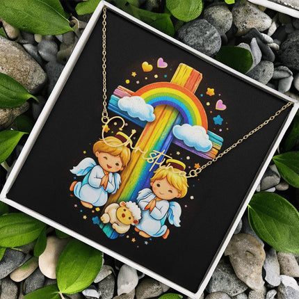 Rainbow Cross Cherub Angels | Christian Signature Name Necklace | Gift for Kids