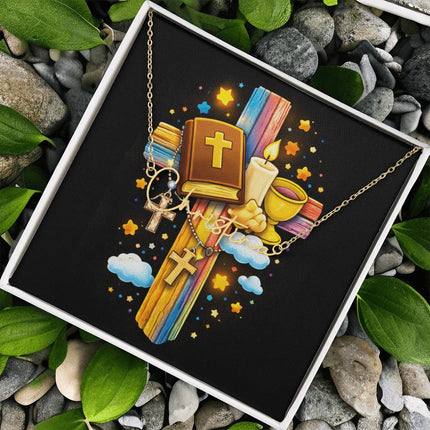Rainbow Cross Bible And Cross | Christian Signature Name Necklace | Gift for Kids