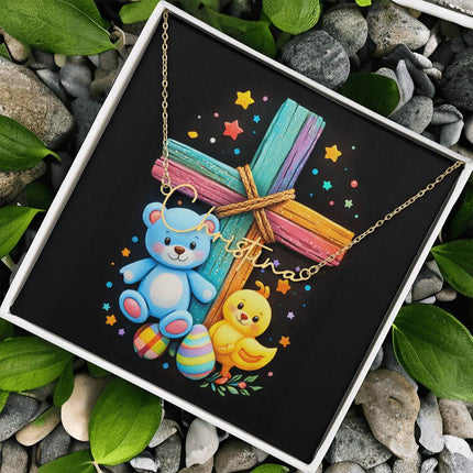 Rainbow Cross Teddy Bear | Christian Signature Name Necklace | Gift for Kids